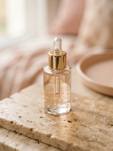 Macro shot of a gold-accented glass bottle of barrier serum resting on a warm travertine stone slab, soft morning side-light, shallow depth of field