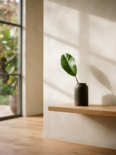 A quiet, minimalist room with clean architectural lines, soft window light casting gentle shadows on a textured plaster wall, a single green leaf in a ceramic vase, warm editorial photography, 35mm