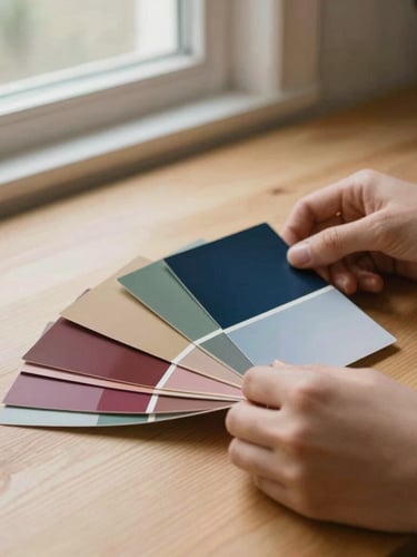 A close-up of hands arranging minimalist color swatches on a clean wooden table, soft side window light, deep jewel tones, warm editorial style