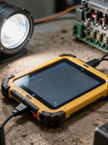 Macro shot of a ruggedized diagnostic tablet connected to a Caterpillar engine ECM module, dusty industrial environment, sharp work light