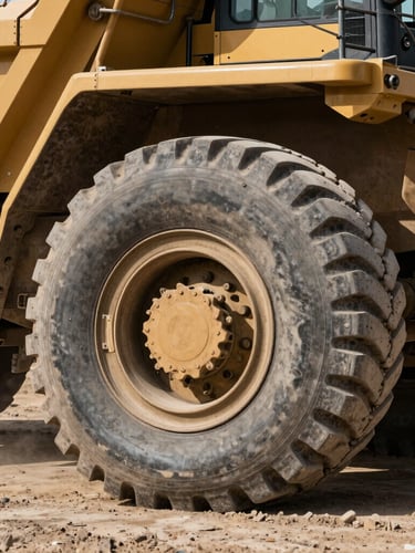 A close-up portrait of a heavy Caterpillar mining truck wheel and chassis, high-contrast natural sunlight of an open-pit mine, dust on metal, sharp industrial detail.