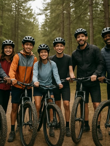 A diverse group of youth cyclists and adult coaches standing together at a trailhead in Marquette, smiling, holding mountain bikes, wearing helmets, pine forest background, natural overcast light