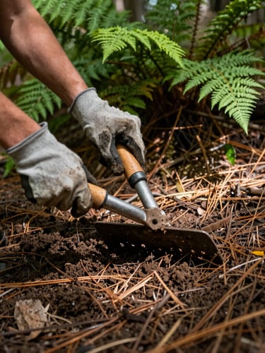 Close-up of youth hands in work gloves using a trail tool to clear dirt on a woodland path, lush green ferns and pine needles in background, dappled sunlight, 35mm