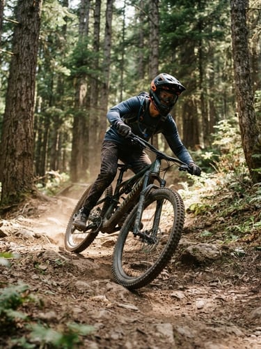Low-angle dynamic shot of a teenage mountain biker wearing a helmet, navigating a dirt trail through towering pines, dappled forest sunlight, rugged terrain, 35mm