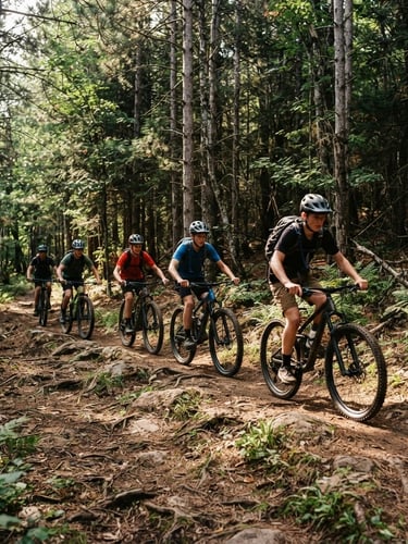 A wide-angle shot of a group of helmeted teenage cyclists riding in a single line through a dense pine forest in Marquette, Michigan, dappled afternoon sunlight hitting the dirt trail, rugged 35mm photography style.