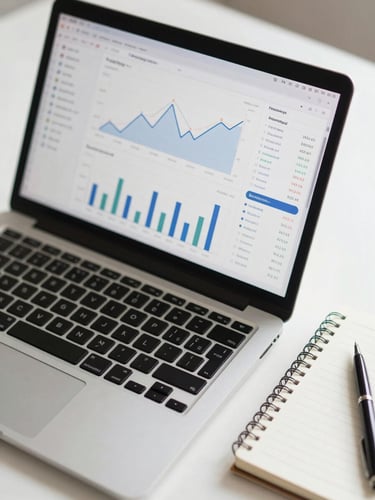 Close-up overhead view of a laptop screen displaying a live analytics dashboard with conversion graphs and traffic data, on a clean desk with a notebook and pen beside it, even studio lighting, no people visible