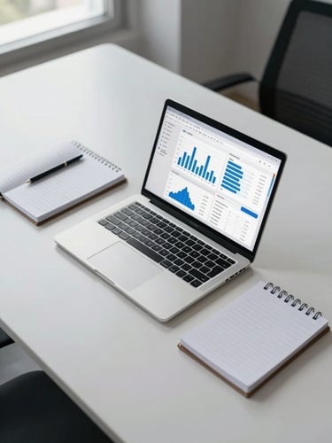 Wide-angle view of a minimalist office desk from above, a laptop screen displaying an analytics dashboard with blue metrics charts, keyboard and notebook beside it, cool north-facing daylight, no people in frame