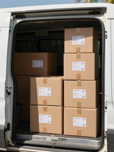 A medium shot of a branded delivery van with cargo doors open, showing neatly stacked cardboard boxes with clear shipping labels under bright Jamaican daylight.