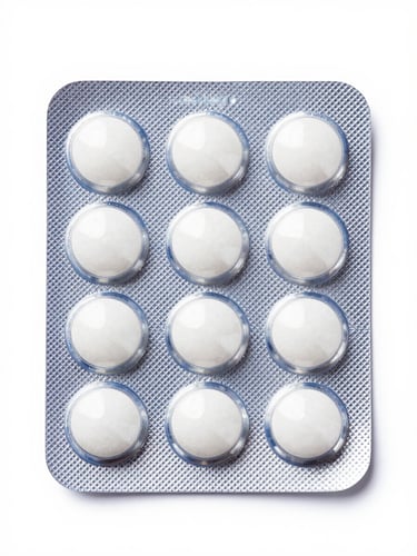 Front-facing clean pharmaceutical packaging of oral tablets, bright clinical high-key studio light, clinical blue and white tones, sharp detail
