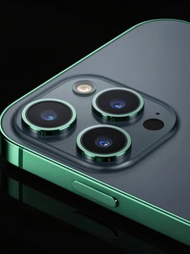 Sleek dark-mode smartphone close-up, neon green edge lighting, macro lens focus on pristine camera module, black background