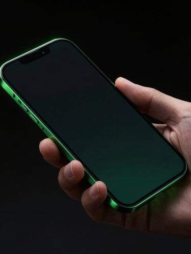 Sleek dark-mode product photography, dramatic neon green edge lighting, high-contrast black background, sharp macro details of a hand holding a pristine smartphone with glowing screen