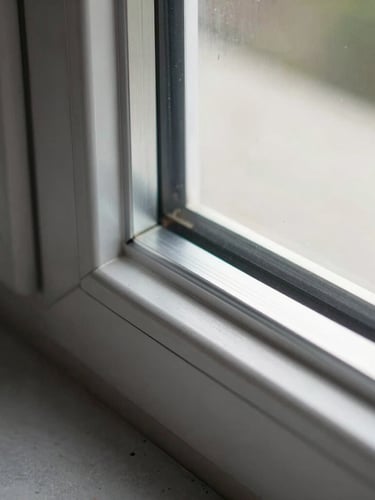 Macro detail shot of a flush anodized aluminum window frame meeting raw concrete with a perfect three-millimeter reveal, crisp daylight.