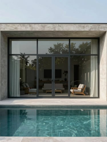 Straight-on elevation shot of a monolithic concrete residential pavilion with large minimalist glass sliding doors, crisp daylight, reflecting a quiet courtyard pool