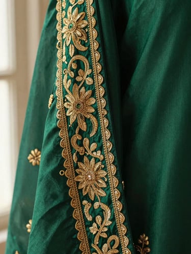 Close-up of intricate gold zari embroidery on deep emerald green silk fabric, showing high-coverage sleeve detail, soft diffused natural light, warm editorial fashion photography, 85mm