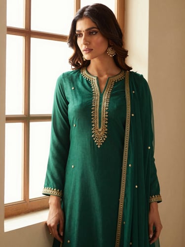 A graceful portrait of a woman in a rich emerald green anarkali suit with intricate gold embroidery along the high neckline and long sleeves, soft window light, warm editorial fashion photography.