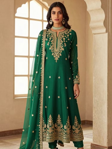 A graceful model in a long-sleeved, high-neck emerald green Pakistani silk anarkali dress with intricate gold zari embroidery, standing elegantly near a stone archway, soft diffused natural window light, editorial fashion photography, 85mm
