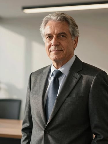 Portrait of a senior male attorney in a modern sunlit office, neutral background, soft side-lighting, looking confident and approachable