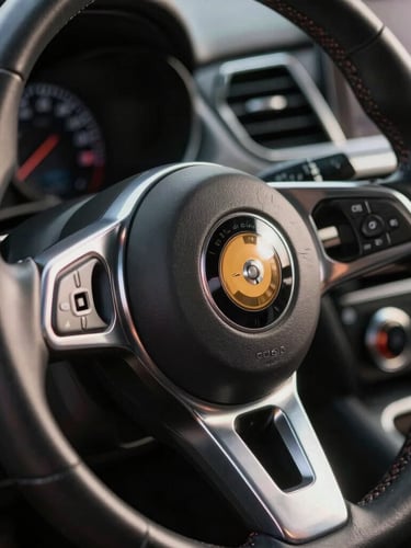 Tight dramatic close-up of a premium steering wheel and machined metal dashboard dials, sharp metallic reflections, high-contrast studio lighting