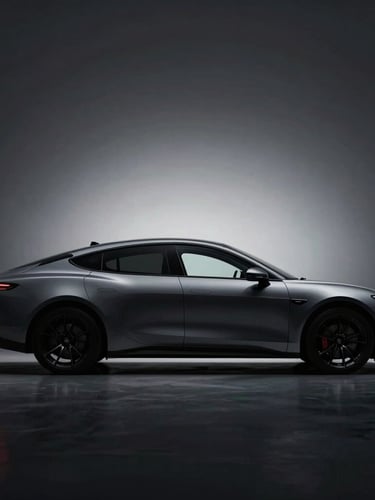 Sleek isolated vehicle silhouette in high-contrast studio lighting, deep shadows, sharp metallic reflections against a dark background, wide panoramic framing.