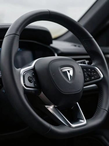 Tight dramatic close-up of a premium EV steering wheel and machined metal dashboard details under moody overcast daylight