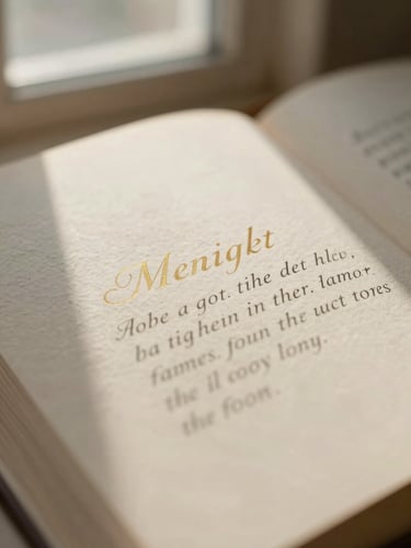 Macro shot of elegant typesetting on textured book paper, warm cream tones, soft natural window light, shallow depth of field.