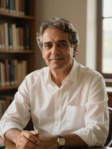 professional portrait of author Evaldo Silva Giulianetti in a quiet library study, soft directional daylight, warm tones, 35mm photography