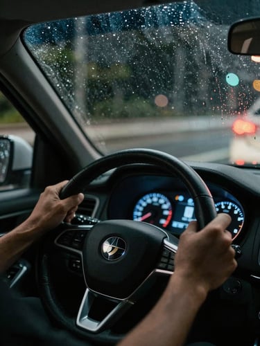 Cinematic poster frame — hands gripping a steering wheel at night, dashboard light only, motion blur through rain-streaked windshield, deep shadows, film grain