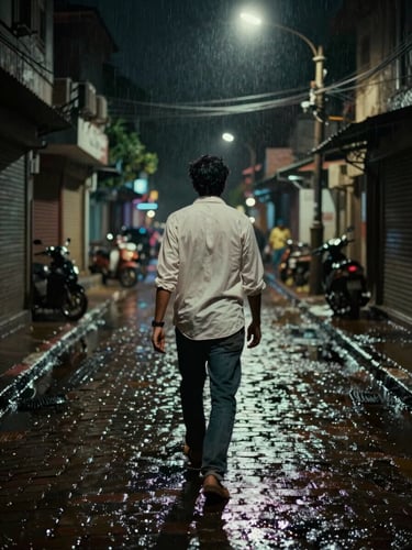 Wide cinematic film still from a night-shoot — actor seen from behind walking down a dimly lit Mumbai street, practical lamp glow catching rain-wet cobblestones, deep shadows framing both sides, film grain prominent