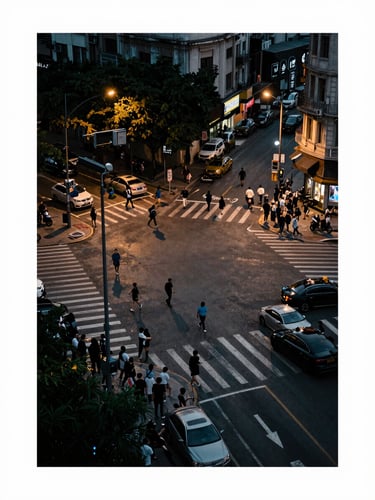 Documentary-style poster — overhead shot of a crowded urban intersection at dusk, dramatic street lighting casting long shadows, film grain texture, desaturated tones
