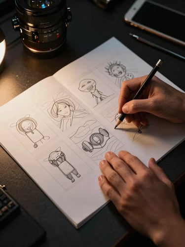 Overhead close-up of a storyboard spread on a dark editing desk, a filmmaker's hand holding a pencil over rough shot sketches, warm amber practical light from the left, deep shadows filling the right half, film grain texture, high-contrast cinematic tone