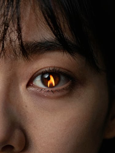 Dark cinematic poster frame — extreme close-up of a woman's eye reflecting a flickering flame, high contrast, film grain, deep black surroundings