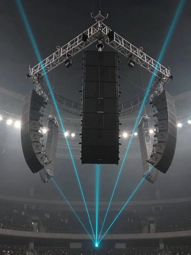 Dramatic wide-angle shot of a suspended line-array sound system in a dark stadium, sharp cyan laser beams cutting through heavy haze, pristine aluminum trussing, theatrical lighting, high contrast.