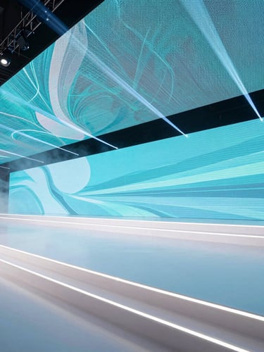 Wide panoramic shot of a premium corporate stage setup, clean geometric white lines, a massive LED screen displaying abstract cyan graphics, laser beams cutting through light haze, sharp architectural lines, 21:9 perspective.