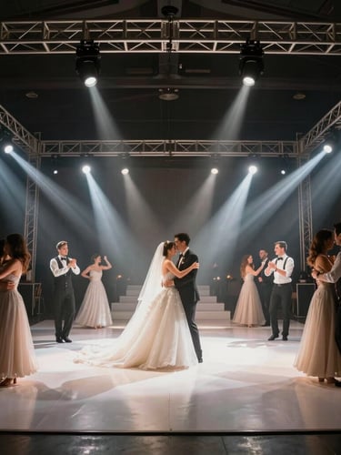 A high-end wedding dance floor under a custom geometric truss system, sharp beam lights and soft haze creating a dramatic theatrical look, elegant guests dancing, professional event production.