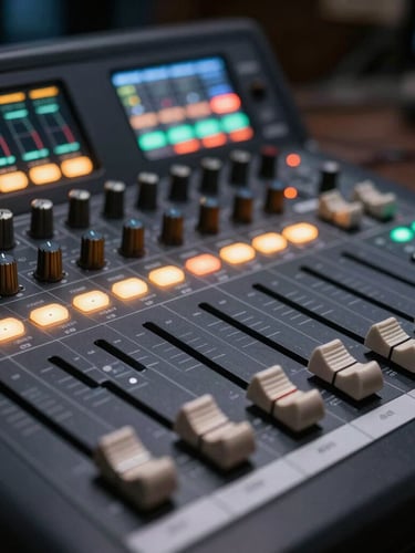 Close-up of a professional digital audio mixing console with glowing faders and responsive LED meters in a dark venue, shallow depth of field