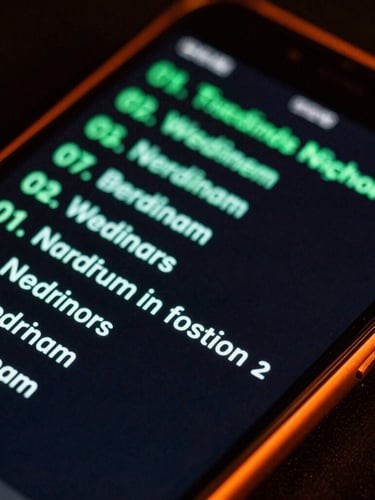 Extreme macro shot of a physical Android phone screen showing a terminal-style launcher interface with safety orange borders, glowing neon cyan text, low-key ambient lighting, screen-glow reflecting on dark metallic edges.