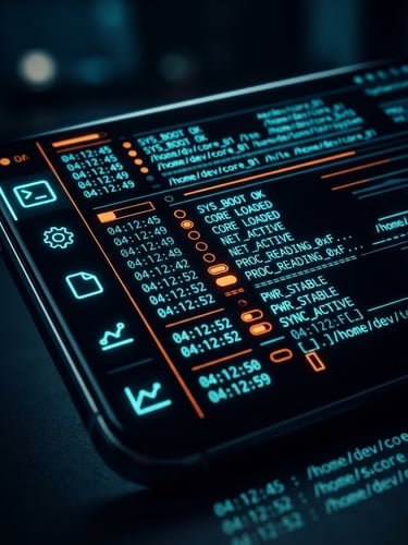 Extreme close-up of a modern bezel-less mobile screen displaying a clean terminal-inspired custom launcher interface with neon cyan text and safety orange accent lines, glowing in a low-light ambient room, macro lens.