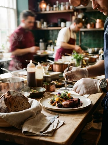 Wide shot of a chef's hands carefully plating a dish in a bustling restaurant kitchen, steam rising from fresh sourdough in the foreground, natural northern daylight, rich crimson and forest green tones, shallow depth of field, 35mm film.