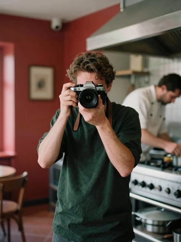 Medium shot of a photographer with a vintage film camera discreetly capturing a chef working in a cozy, Scandinavian-style restaurant kitchen, natural northern daylight, rich crimson and forest green tones, shallow depth of field, 35mm film.