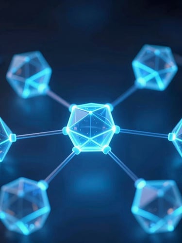 Macro shot of glowing 3D geometric nodes representing blockchain connectivity, deep blue and electric cyan luminescence, dark ambient shadows