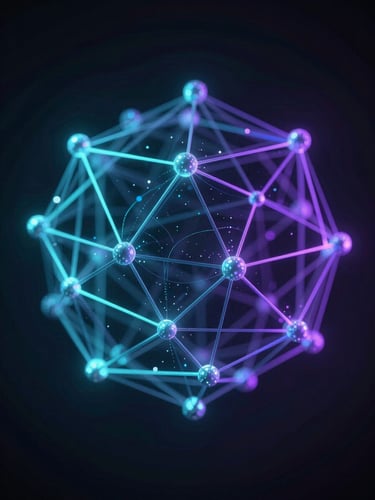 Abstract 3D geometric nodes glowing with electric cyan and digital purple light, representing a decentralized voting network on a dark background.