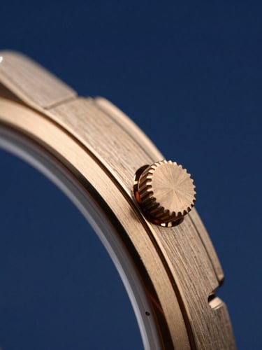 Macro studio shot of a luxury watch crown with golden reflections, deep imperial blue background, high contrast, 85mm
