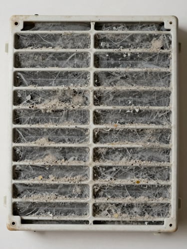 Close-up flat-lay of a heavily fouled air conditioning filter pulled from a residential unit, dust and grey particulate matter matted across the mesh surface, daylight-balanced studio light revealing texture and depth of accumulation, shot directly at the filter face on a neutral off-white surface