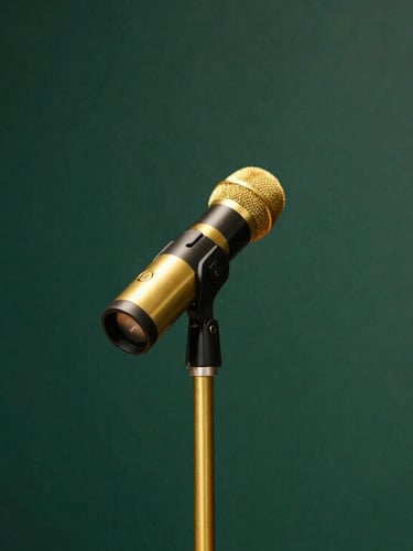 Professional press conference setting with golden microphone stands, warm spotlighting, elegant dark green backdrop, 35mm editorial photography
