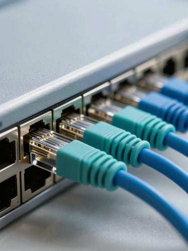 Close-up macro shot of neatly organized teal and blue ethernet cables connected to a high-end enterprise network switch, soft technical lighting, shallow depth of field.