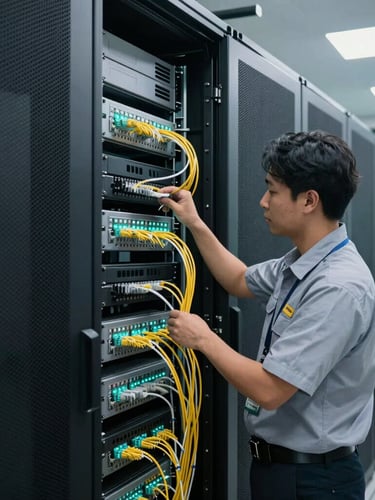 Wide shot of a clean, modern server room in Jakarta, professional Indonesian network engineer in technical uniform inspecting fiber optic cabling, cool daylight with soft teal LED highlights.