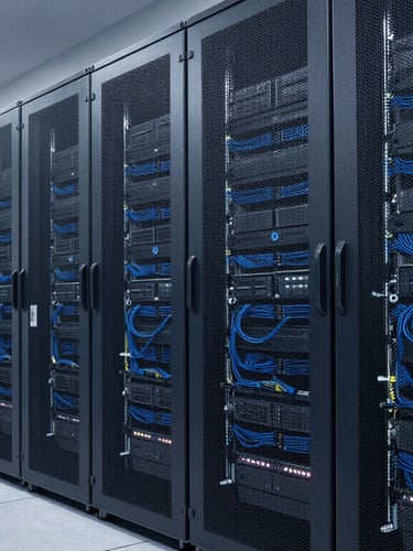 Wide environmental shot of a clean, modern server room with structured blue cabling and server racks, cool daylight mixed with technical LED accents.