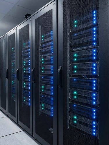Wide panoramic shot of a modern clean server room with blue and teal LED indicator lights on high-end server racks, sharp focus, industrial precision.