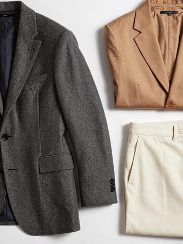 Close overhead flatlay of structured woven blazers and tailored trousers in neutral tones — charcoal, camel, and ivory — arranged on a bright gallery-white surface under controlled studio lighting, seam lines and lapel construction sharply detailed
