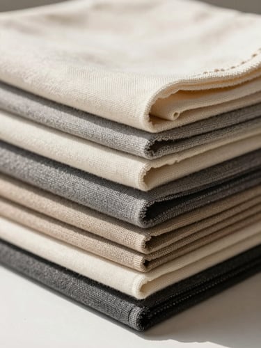 Tall portrait close-up of stacked and folded fabric swatches in neutral tones — cream, warm gray, and charcoal — arranged on a gallery-white surface under bright north-facing daylight, textile weave texture sharp and prominent, no people